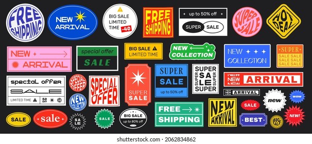 Set of Sale Stickers Retro Design. Cool Trendy Discount labels. Vector Special Offer Badges.