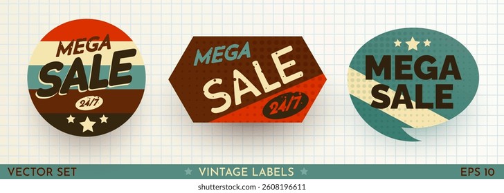 Set of Sale Stickers Retro Design. Cool Trendy Discount labels. Vector Special Offer Badges. Vector illustration