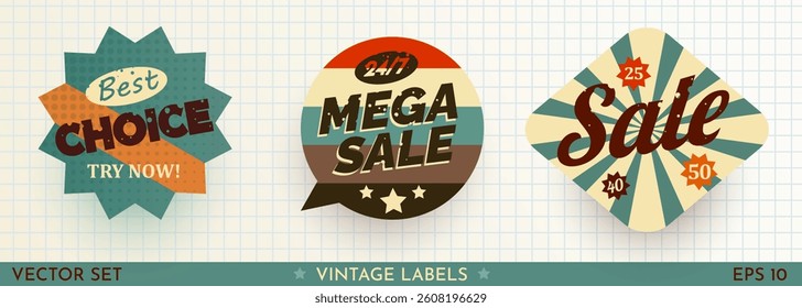 Set of Sale Stickers Retro Design. Cool Trendy Discount labels. Vector Special Offer Badges. Vector illustration