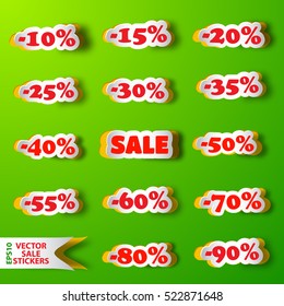 Set of sale stickers in shape of clouds with different discount percentage on green background flat vector illustration 
