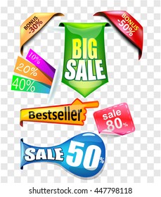 Set of sale stickers and signs. Big sale, sale twenty %, fourty %, fifty%, bestseller