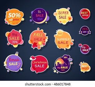 Set of sale stickers vector illustrations. Flat style. Round bright stickers with various advertising text. For store  sales and discounts ad. Product label design. Black friday. On white background