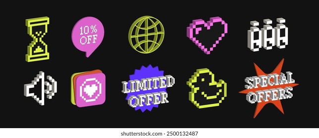 Set of sale stickers. Y2k trendy style for add. Colorful isolated label. Special offers, big promo stickers. Modern futuristic style, pixel art, label for price, offer badge set in vibrant colors.