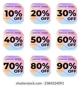 SET SALE TAG BADGE TEMPLATE GRADIENT COLOR DESIGN. OFFER WITH DIFFERENT DISCOUNT FROM 10, 20, 30, 40, 50, 60, 70, 80, 90 PERCENT OFF.MODERN DESIGN VECTOR FOR YOUR BUSINESS