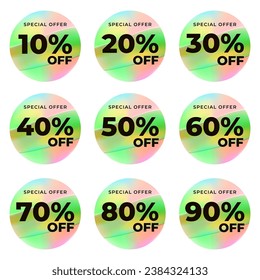 SET SALE TAG BADGE TEMPLATE GRADIENT COLOR DESIGN. OFFER WITH DIFFERENT DISCOUNT FROM 10, 20, 30, 40, 50, 60, 70, 80, 90 PERCENT OFF.MODERN DESIGN VECTOR FOR YOUR BUSINESS