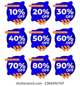 SET SALE TAG BADGE TEMPLATE FLAT COLOR DESIGN. OFFER WITH DIFFERENT DISCOUNT FROM 10, 20, 30, 40, 50, 60, 70, 80, 90 PERCENT OFF.MODERN DESIGN VECTOR FOR YOUR BUSINESS