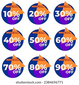 SET SALE TAG BADGE TEMPLATE FLAT COLOR DESIGN. OFFER WITH DIFFERENT DISCOUNT FROM 10, 20, 30, 40, 50, 60, 70, 80, 90 PERCENT OFF.MODERN DESIGN VECTOR FOR YOUR BUSINESS