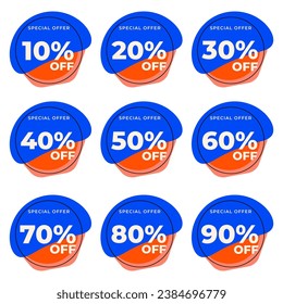 SET SALE TAG BADGE TEMPLATE FLAT COLOR DESIGN. OFFER WITH DIFFERENT DISCOUNT FROM 10, 20, 30, 40, 50, 60, 70, 80, 90 PERCENT OFF.MODERN DESIGN VECTOR FOR YOUR BUSINESS