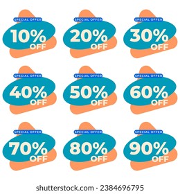 SET SALE TAG BADGE TEMPLATE FLAT COLOR DESIGN. OFFER WITH DIFFERENT DISCOUNT FROM 10, 20, 30, 40, 50, 60, 70, 80, 90 PERCENT OFF.MODERN DESIGN VECTOR FOR YOUR BUSINESS