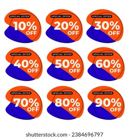 SET SALE TAG BADGE TEMPLATE FLAT COLOR DESIGN. OFFER WITH DIFFERENT DISCOUNT FROM 10, 20, 30, 40, 50, 60, 70, 80, 90 PERCENT OFF.MODERN DESIGN VECTOR FOR YOUR BUSINESS