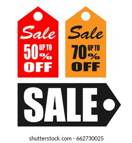 Set of sale tag, label, badge. Sale banner. Offer, Up to 50% off, Up to 70% off. Vector illustration, eps10