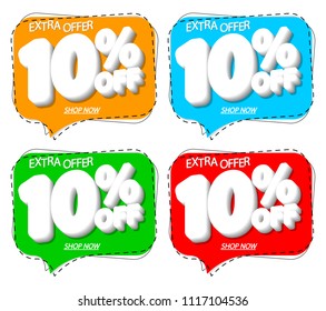 Set Sale tags 10% off, discount speech bubble banners design template, extra offer, app icons, vector illustration