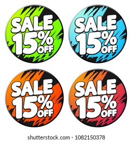 Set Sale tags 15% off, banners design template, app icons, vector illustration