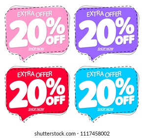 Set Sale tags 20% off, discount speech bubble banners design template, extra offer, app icons, vector illustration