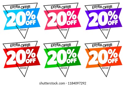 Set Sale tags 20% off, discount banners design template, extra offers, app icons, vector illustration