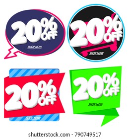 Set Sale tags 20% off, banners design template, discount app icons, vector illustration