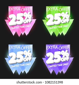 Set Sale tags 25% off, extra offers, banners design template, app icons, vector illustration
