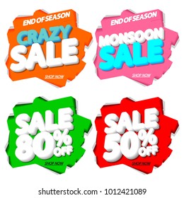 Set Sale tags, 50% off and 80 percent off, banners design template, discount app icons, vector illustration