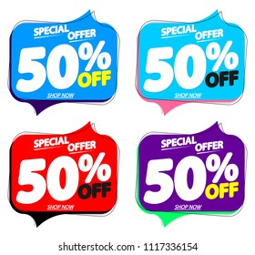 Set Sale tags 50% off, discount speech bubble banners design template, special offer, app icons, vector illustration