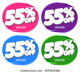 Set Sale tags 55% off, bubble banners design template, app icons, vector illustration
