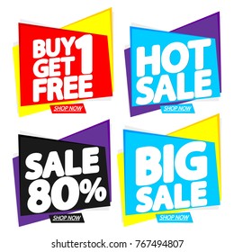 Set Sale tags, banners design template, discount 80% off, app icons, vector illustration