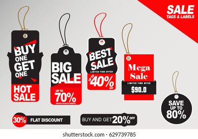 Set of sale tags for Black Friday in black and red theme. 50% discount sale tags for marketing and promotion. Flat discount tags. Sale announcement tags. mega sale announcement labels. buy one get one