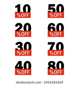 Set of sale tags with different percent off discount. Special offer, big sale, price drop. Vector illustration. EPS 10.