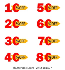 Set of sale tags with different percent off discount. Special offer, big sale, price drop. Vector illustration. EPS 10.