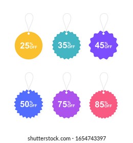 Set of sale tags in different shapes of starburst. Set of labels sale tag with different percent off. Vector graphic design.