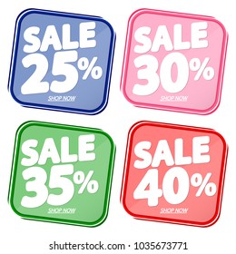 Set Sale tags, discount 25 percent up to 40 percent off, banners design template, app icons, vector illustration