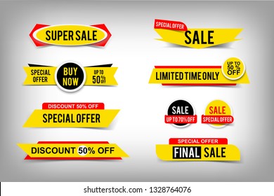 Set of sale tags, discount up to 50% off, special offer banners, buy now button. Vector web elements