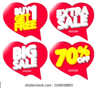 Set Sale tags, discount banners design template, Valentines Day offer, 70% off, app icons, vector illustration