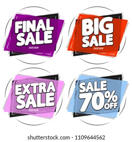Set Sale tags, discount banners design template, 70% off, app icons, vector illustration