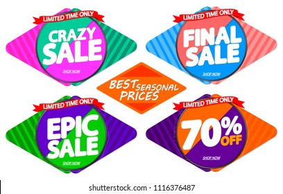 Set Sale tags, discount banners design template, 70% off, app icons, vector illustration