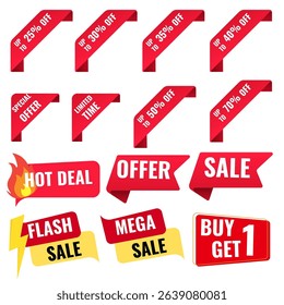 Set of sale tags, discount offer badges, and banners. Price deal sale stickers.Promotional discount banner templates design labels. Buy an offer sticker. Super deal set. Vector illustration

