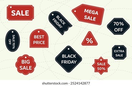 Set sale tags with discount offers of red and black , perfect for Black Friday and promotional events