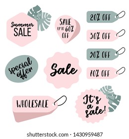 Set of sale tags and emblems for web site. Summer sale banners, buttons, stickers, coupons. Flat vector illustration.