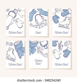 Set of sale tags. Hand drawn winter knitted accessories. Cute greeting cards. Vector illustration