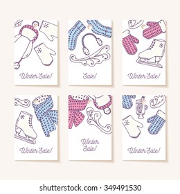 Set of sale tags. Hand drawn winter accessories. Cute greeting cards. Vector illustration