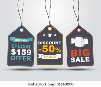 Set of sale tags (labels) for indicating the amount of discounts and prices. Retro style. Vector illustration