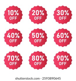 Set of sale tags and labels. Shopping stickers and badges vector mockup. Discount sale off tag, 50, 20, 10, 40, 30, 60, 70, 80, 90 percent.Set sale offer emblem, badge price discount number