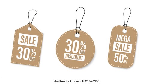 Set of sale tags and labels, template shopping labels. Blank, discount and price tags on paper. Special offer. Vintage. Vector illustration.