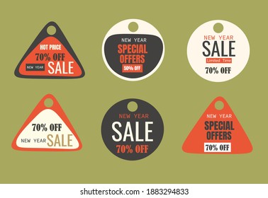 Set of sale tags and labels, template shopping labels. Blank, discount and price tags on paper. Special offer. Vector illustration.End of year sale .
