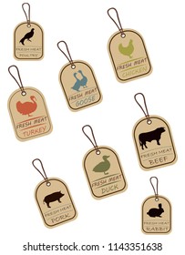 Set of sale tags, meat labels. Label with illustration of chicken, duck, pork, rabbit, turkey, beef, goose and poultry. Price list for meat. Meat tag with meat image. Logo that can be used for brandin