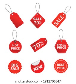 Set of sale tags. Red ribbon price and discount labels. Red starburst stickers. Vector illustration