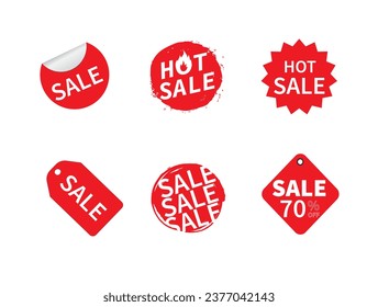 Set of sale tags. Ribbon sale banners. Red ribbon price and discount labels. Red starburst stickers. Vector illustration