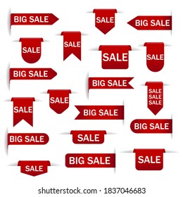Set of sale tags with text - Mega Sale, Sale, Big Sale. Vector labels for design banners and flyers. Isolated on white background.