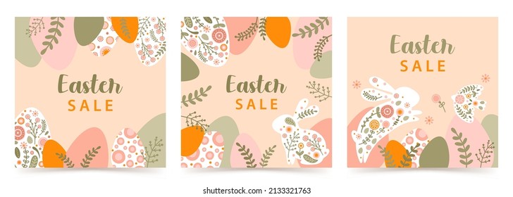 Set sale template with a silhouette of Easter eggs, rabbit and flowers in flat style. Illustration spring hare and eggs in pastel colors and space for your text. Vector