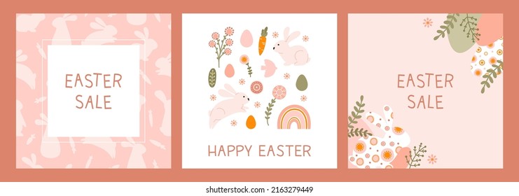 Set sale template with a silhouette holiday Easter eggs, rabbit and flowers in flat style. Illustration easter bunny and eggs in pastel colors and space for your text. Vector