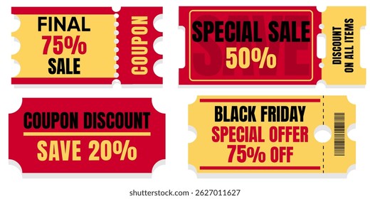 Set Sale Templates Coupon, Save, Ticket, Gift, Discount Coupon, Color Red, Yellow, Black 50 20 75 Final Special Offer Black Friday Customer Coupon Vector